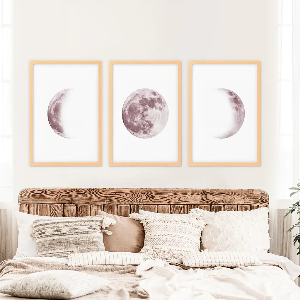 Moon Phases Wall Art Set of 3. Pink Nursery Decor