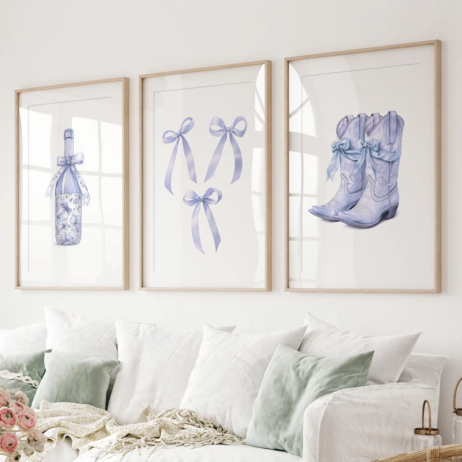 Blue bows western cowboy boots wall art set of 3 prints