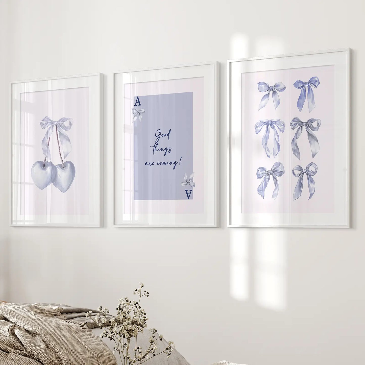 Blue Bows Preppy Girly Wall Art Set of 3 Prints