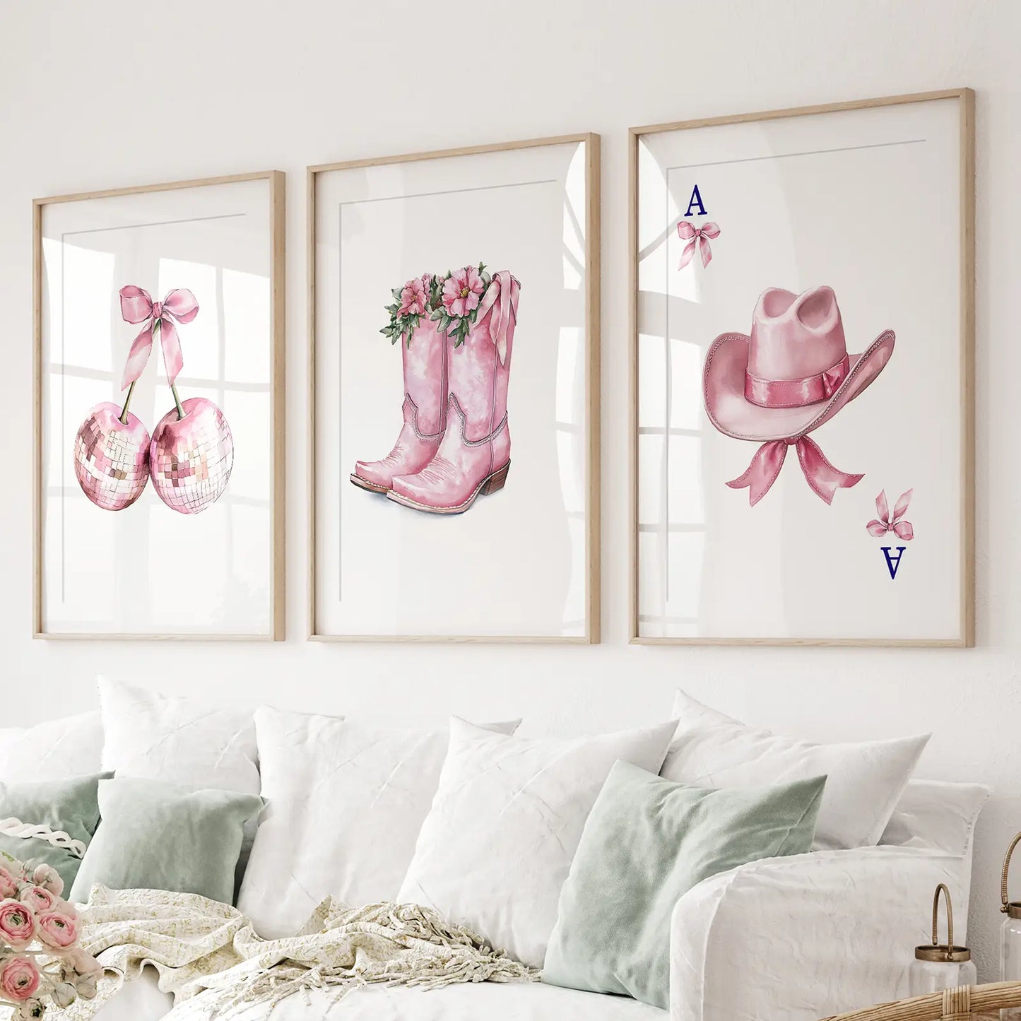 Cowgirl hat and boots pink wall art set of 3 prints