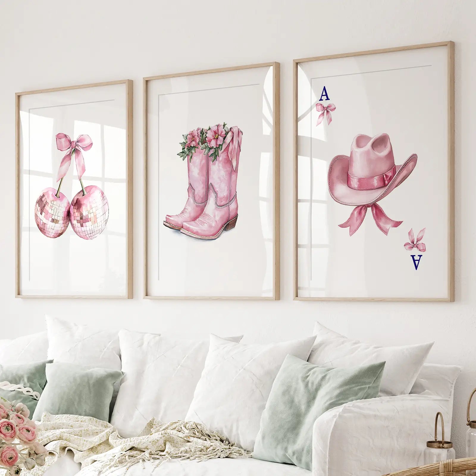 Cowgirl hat and boots pink wall art set of 3 prints