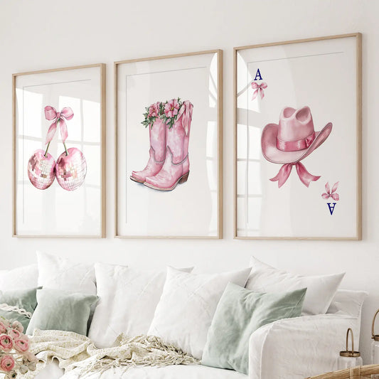Cowgirl hat and boots pink wall art set of 3 prints