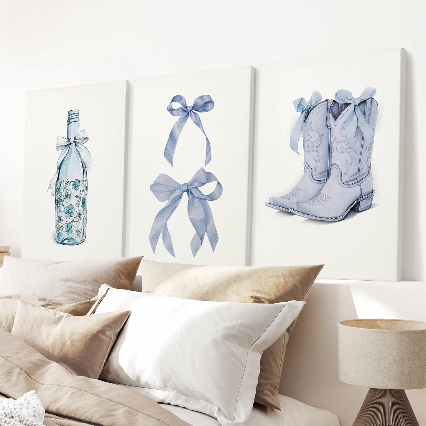 Preppy Blue Western Wall Art Set of 3 Prints Decor
