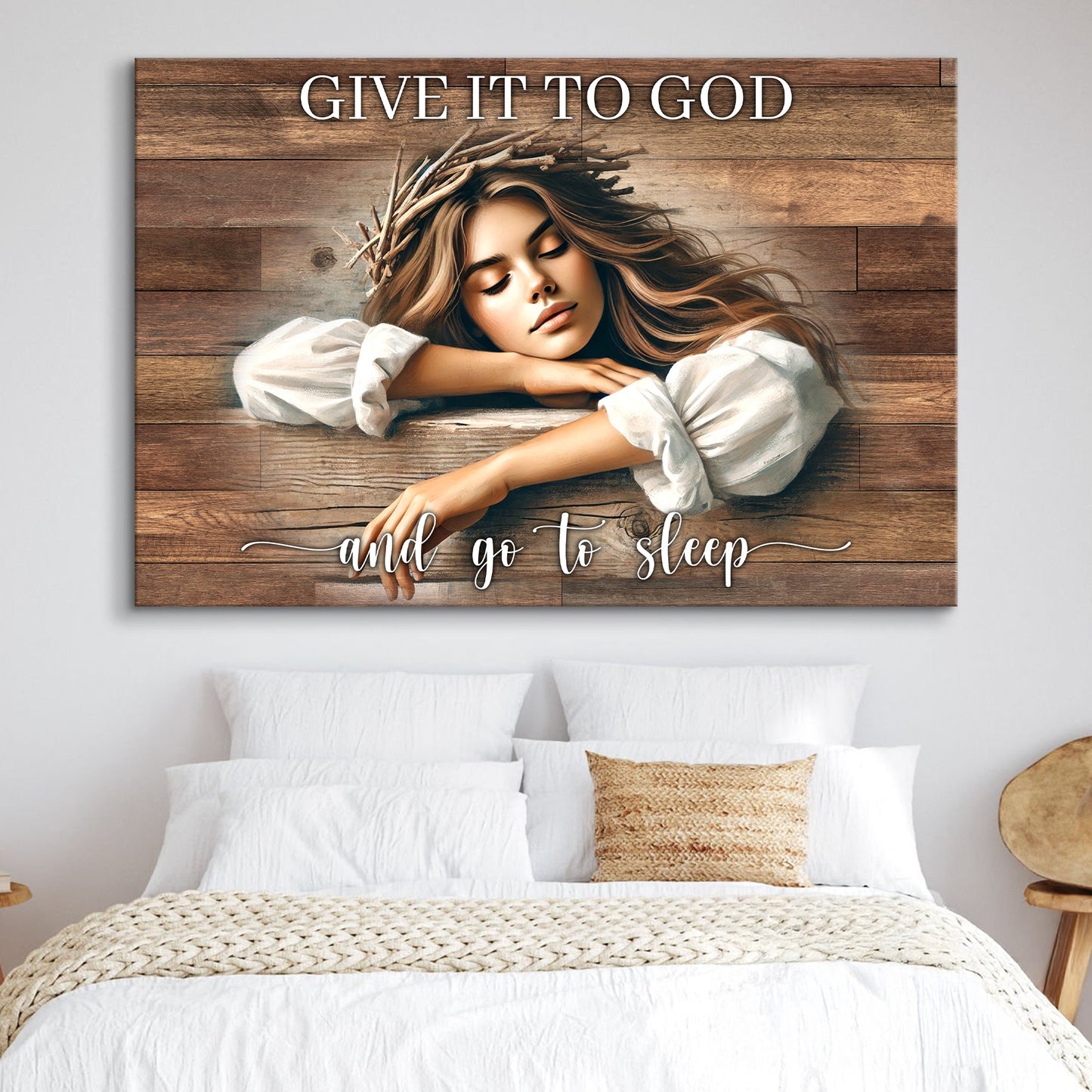 Rustic horizontal Give It to God and Go to Sleep faith canvas for farmhouse bedrooms