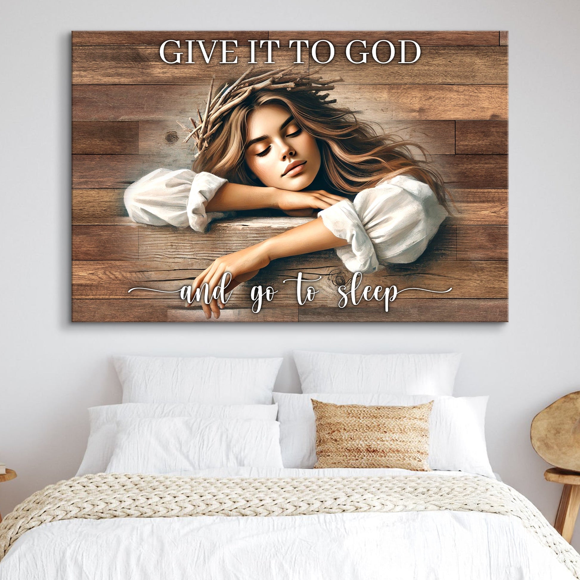 Rustic horizontal Give It to God and Go to Sleep faith canvas for farmhouse bedrooms