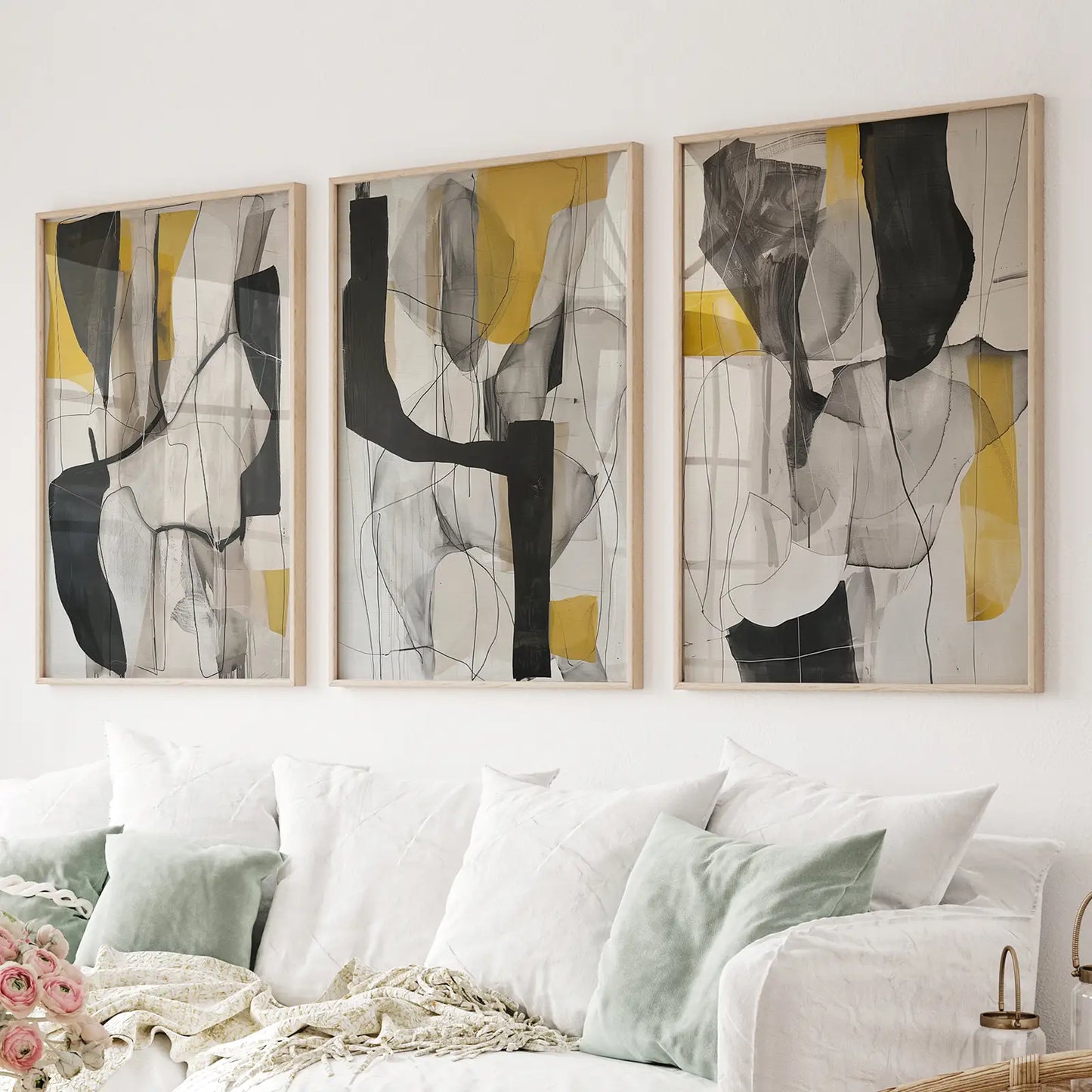 Golden Abstract Shapes Wall Art Set of 3 Modern Prints