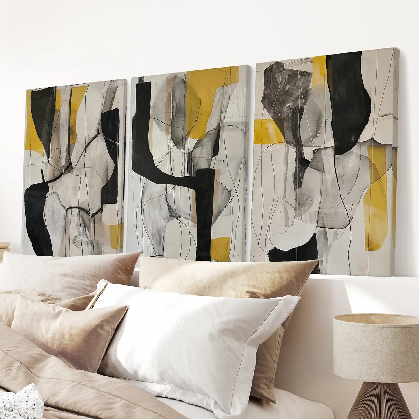 Golden Abstract Shapes Wall Art Set of 3 Modern Prints