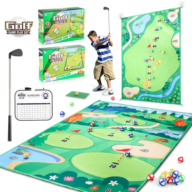 Golf game play set with mat, clubs, and accessories on a white background