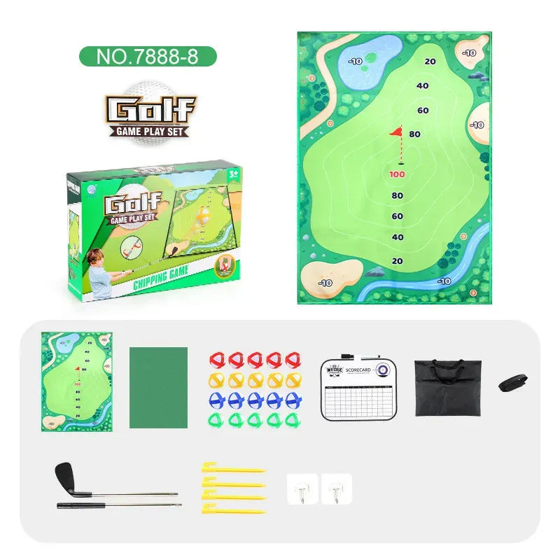 Golf game play set with packaging, course map, and accessories on a white background