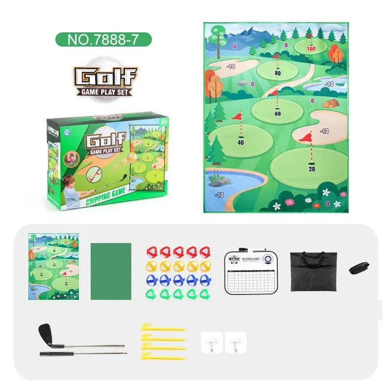 Golf game play set with packaging, mat, and accessories on a white background