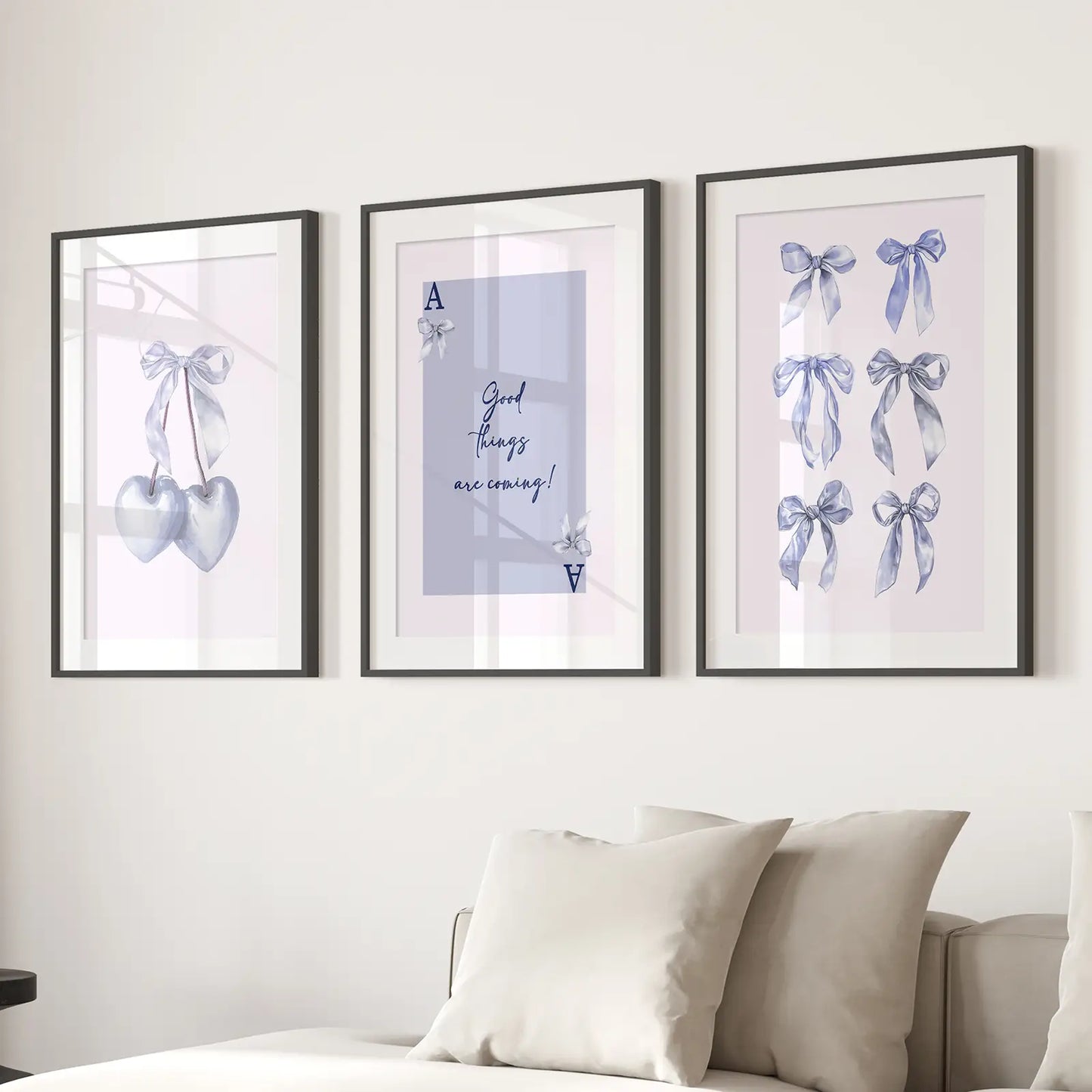 Blue Bows Preppy Girly Wall Art Set of 3 Prints