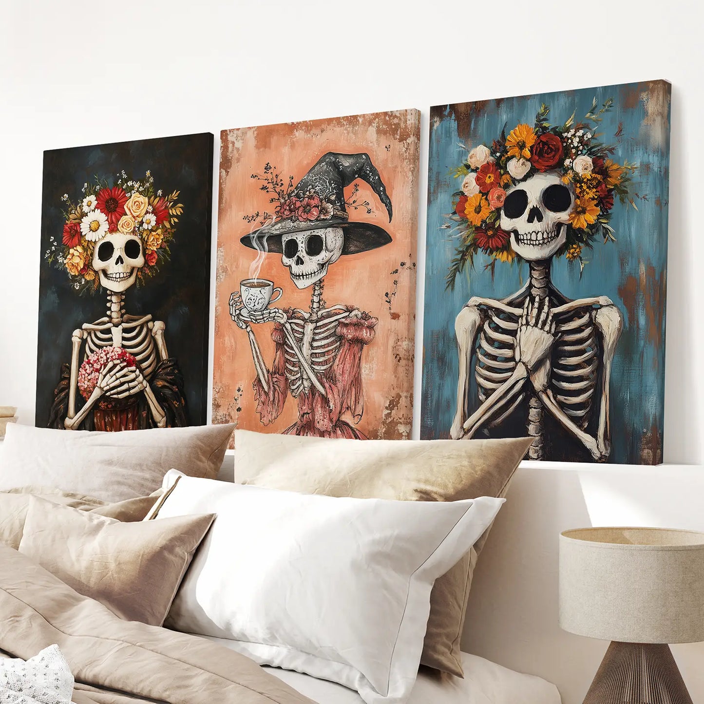Cozy Floral Skeleton Halloween Wall Art Poster Set