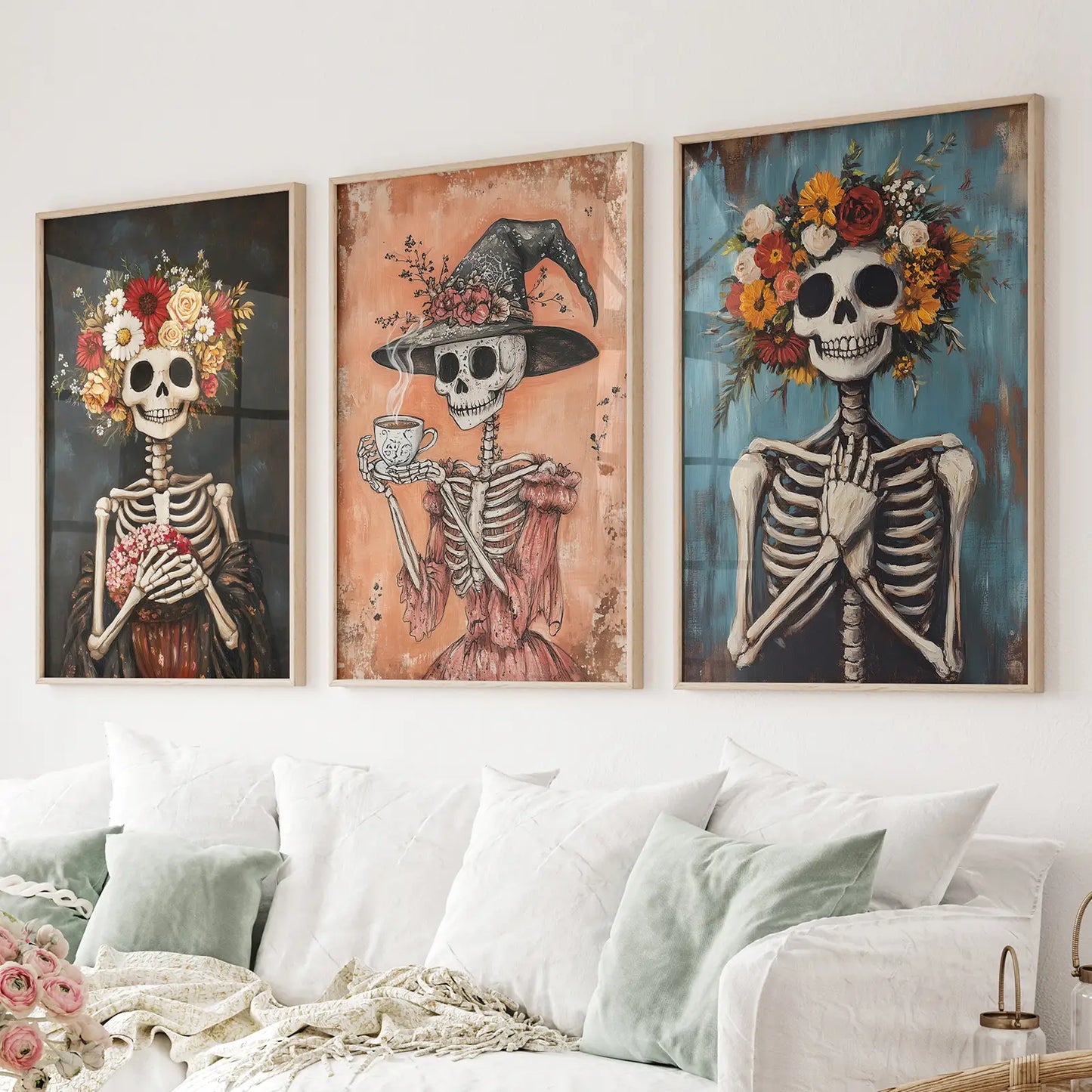 Cozy Floral Skeleton Halloween Wall Art Poster Set