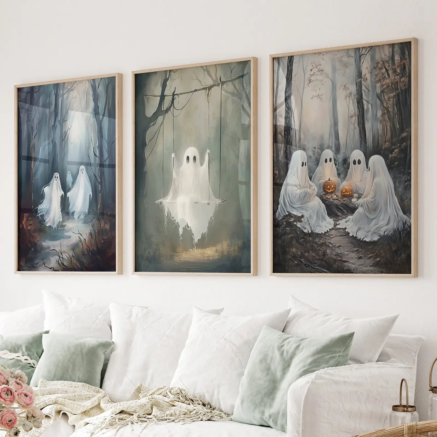 Spooky Ghost Halloween Wall Art Set of 3 Prints