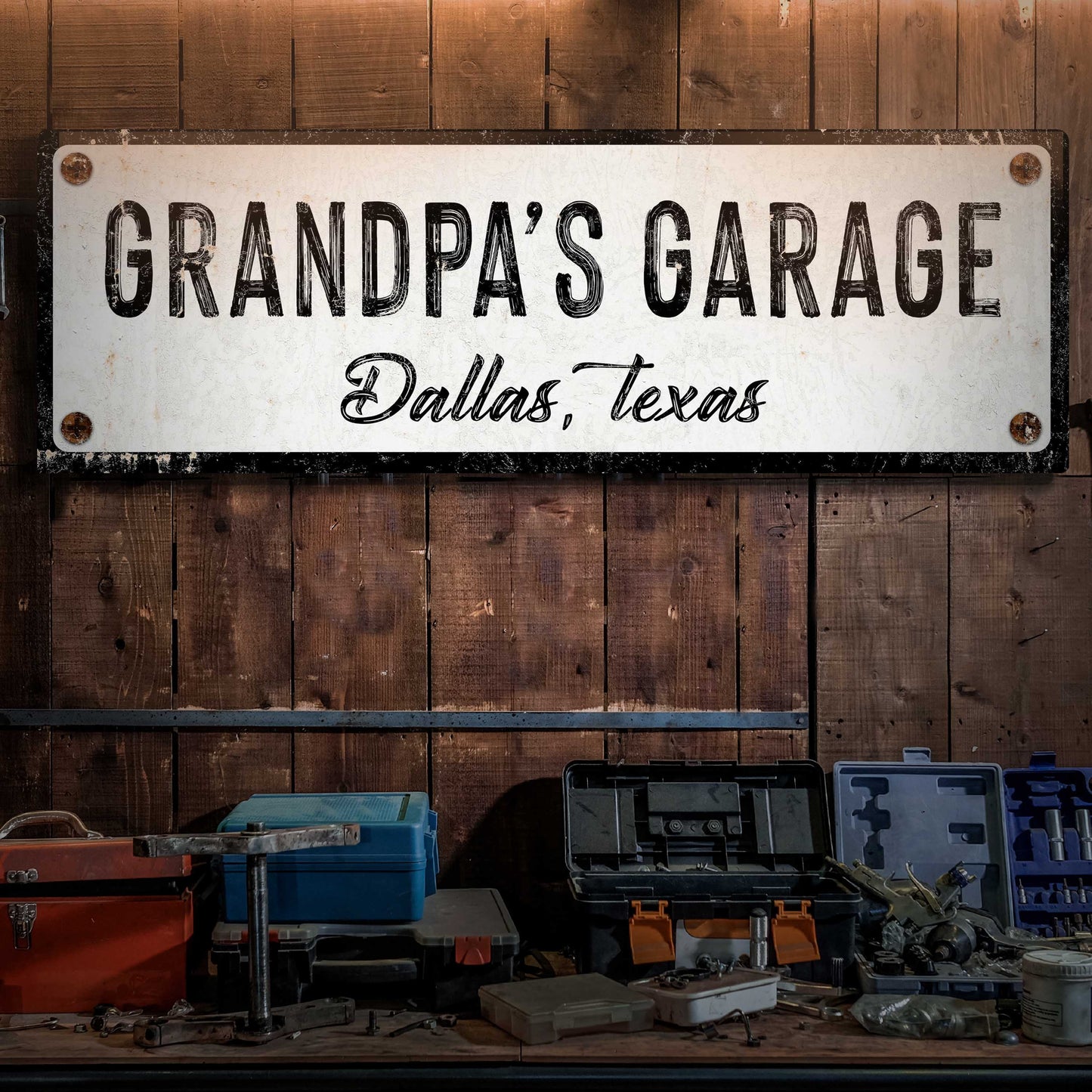 Grandpa's Garage personalized rustic canvas wall sign