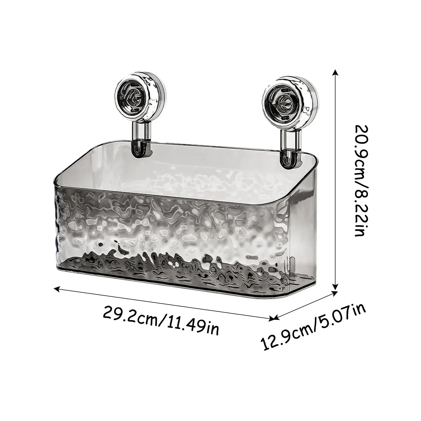 Gray Detachable bathroom basket with two small lights on a white background, showing dimensions.