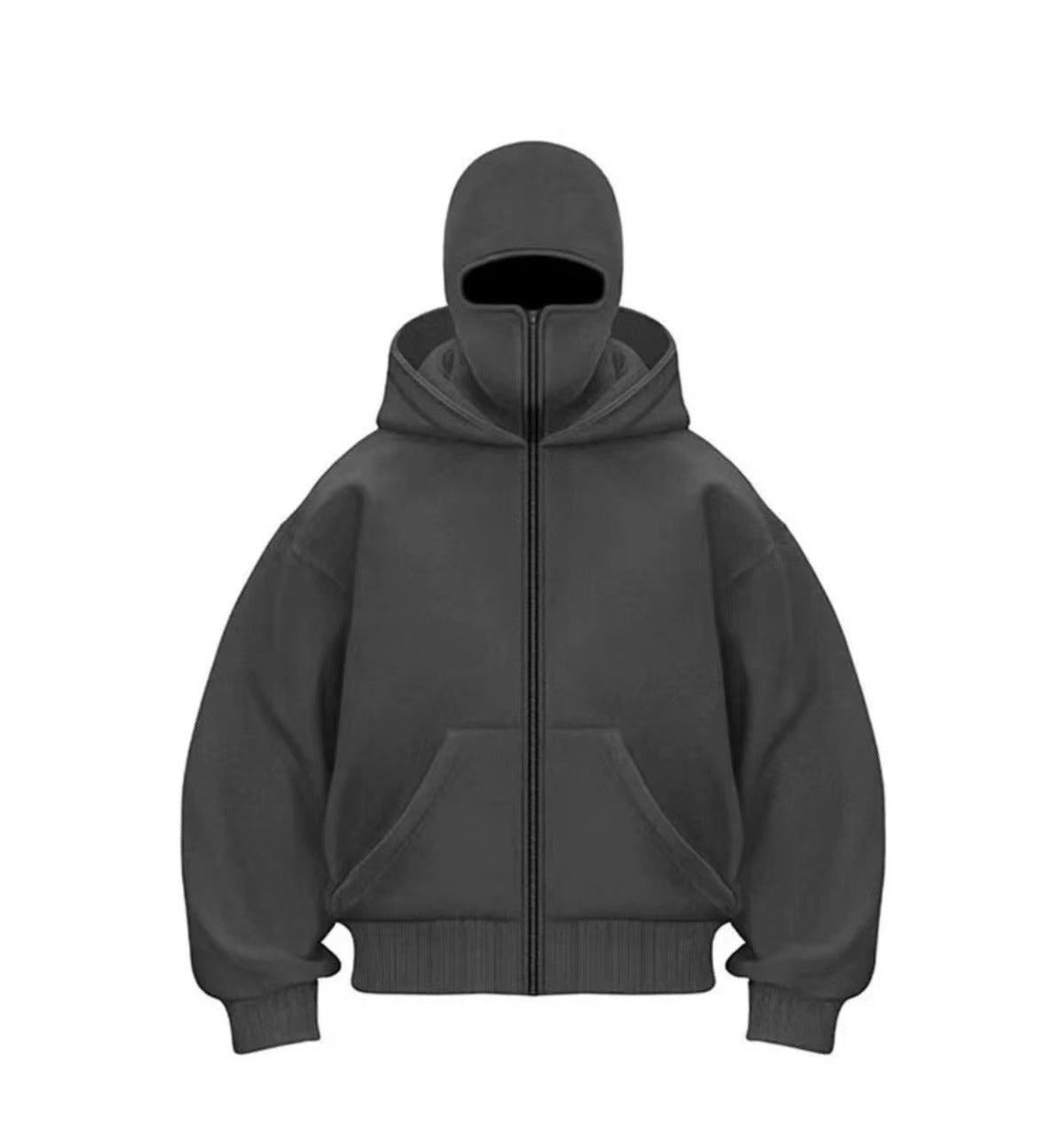 Gray balaclava zip hoodie with full face coverage techwear fashion