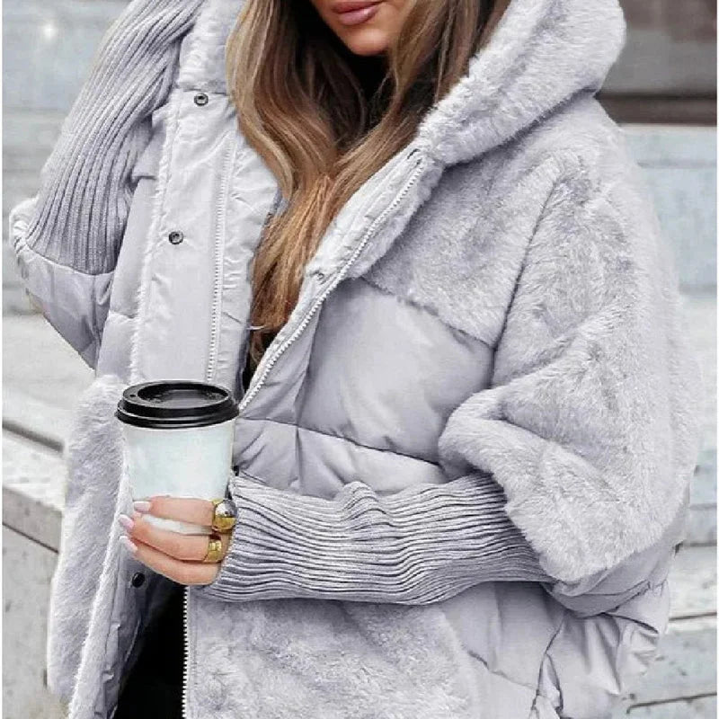 Gray faux fur patchwork coat for women styled with a warm hooded winter design