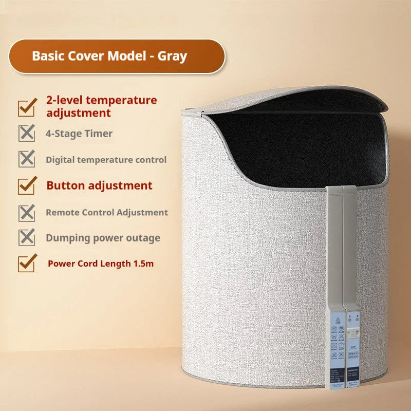 Gray foot warmer specifications chart - button control, 2-level temperature, basic cover model