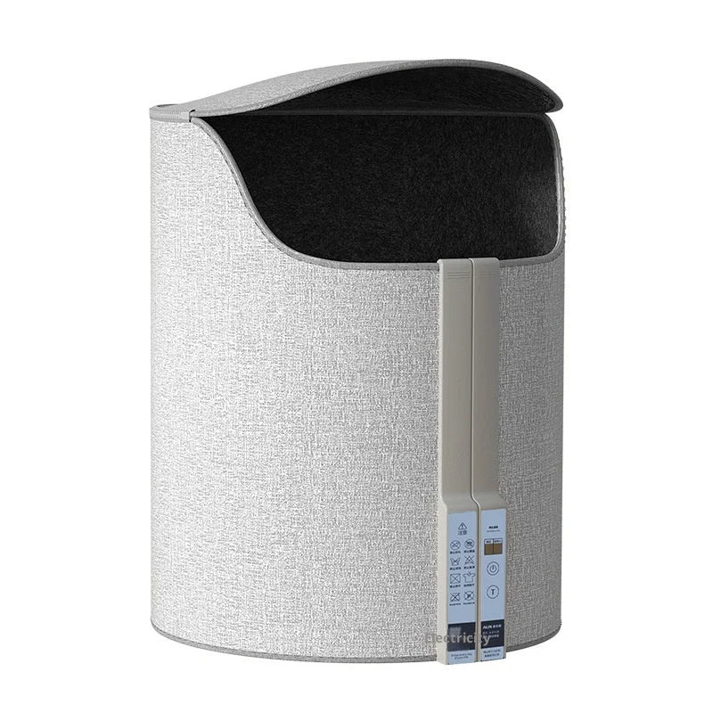 Gray office foot warmer with black interior lining and button controls for under desk heating