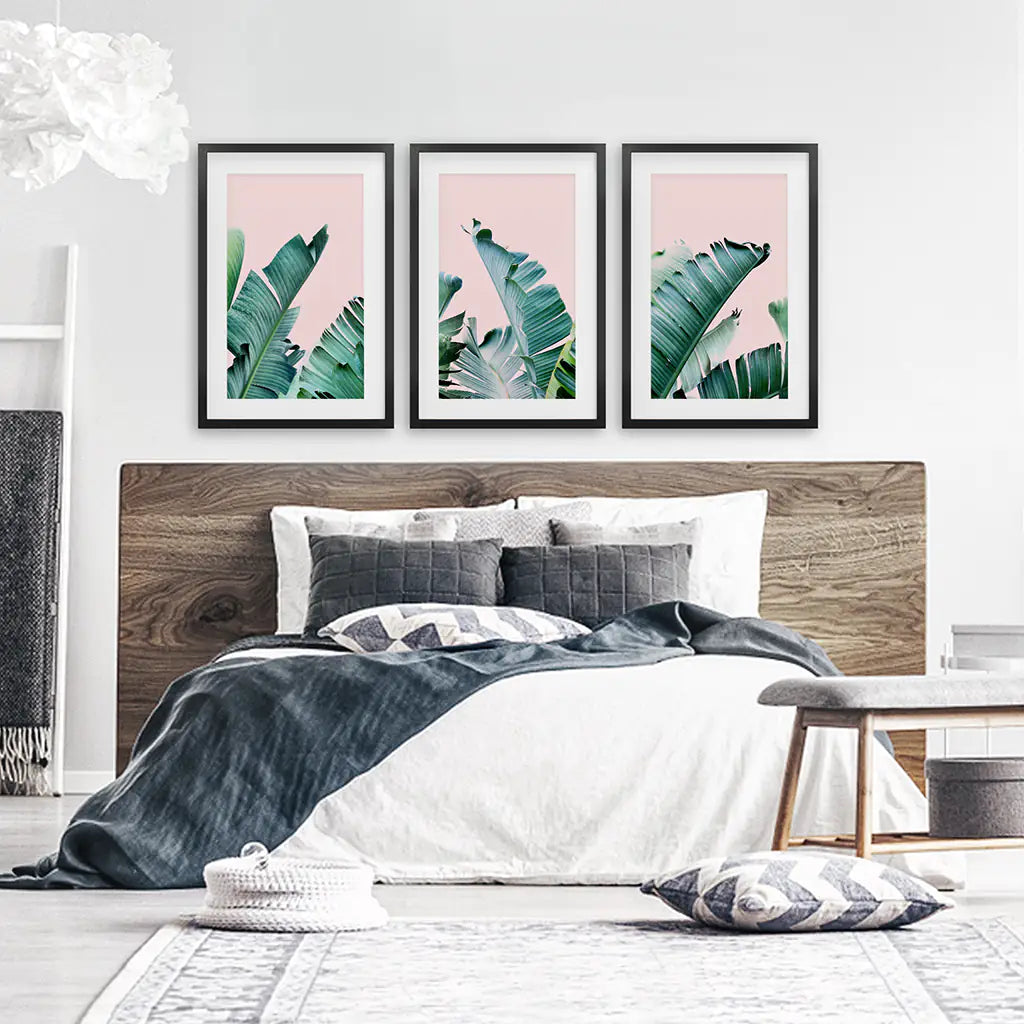 Banana Leaf Wall Art, Pink Tropical Triptych 3 Piece Set
