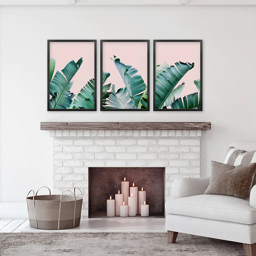 Banana Leaf Wall Art, Pink Tropical Triptych 3 Piece Set