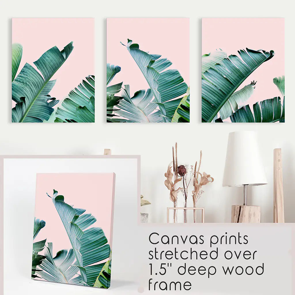 Banana Leaf Wall Art, Pink Tropical Triptych 3 Piece Set