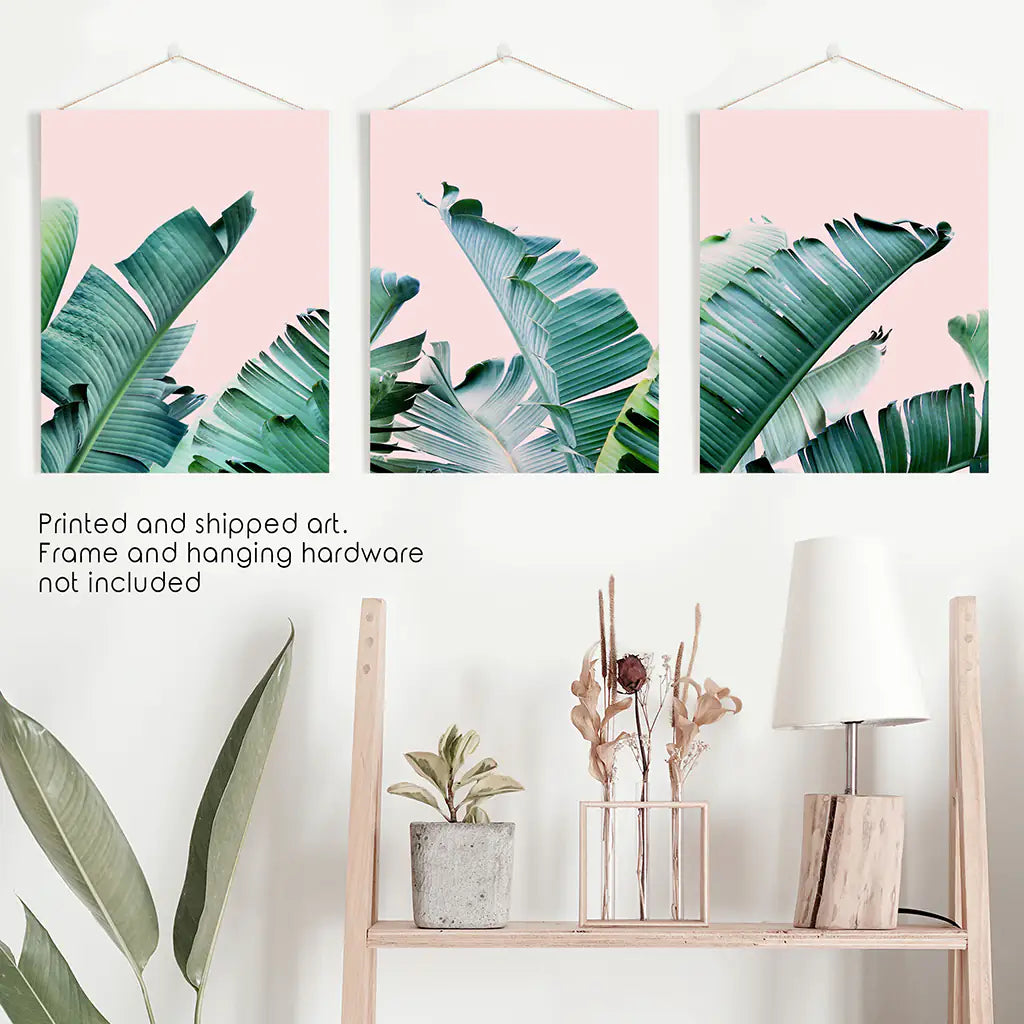 Banana Leaf Wall Art, Pink Tropical Triptych 3 Piece Set