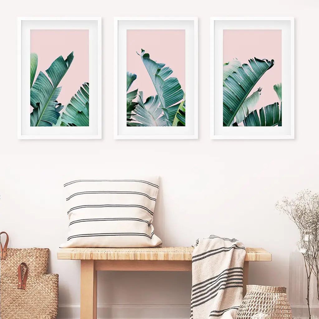 Banana Leaf Wall Art, Pink Tropical Triptych 3 Piece Set