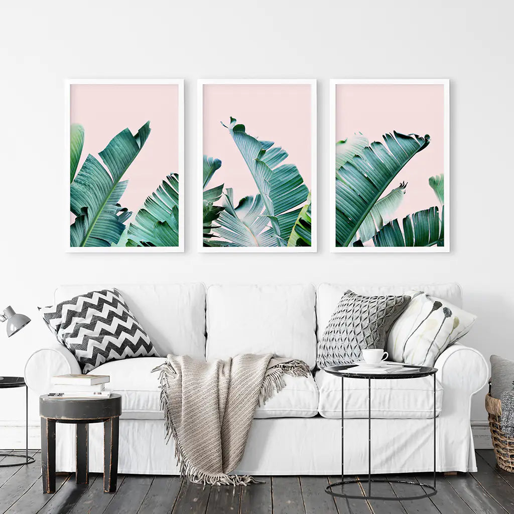 Banana Leaf Wall Art, Pink Tropical Triptych 3 Piece Set