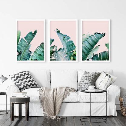 Banana Leaf Wall Art, Pink Tropical Triptych 3 Piece Set