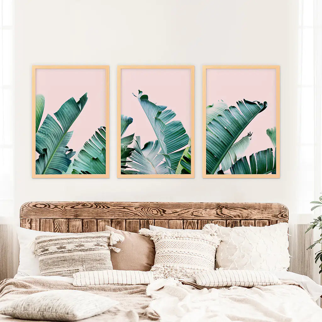 Banana Leaf Wall Art, Pink Tropical Triptych 3 Piece Set