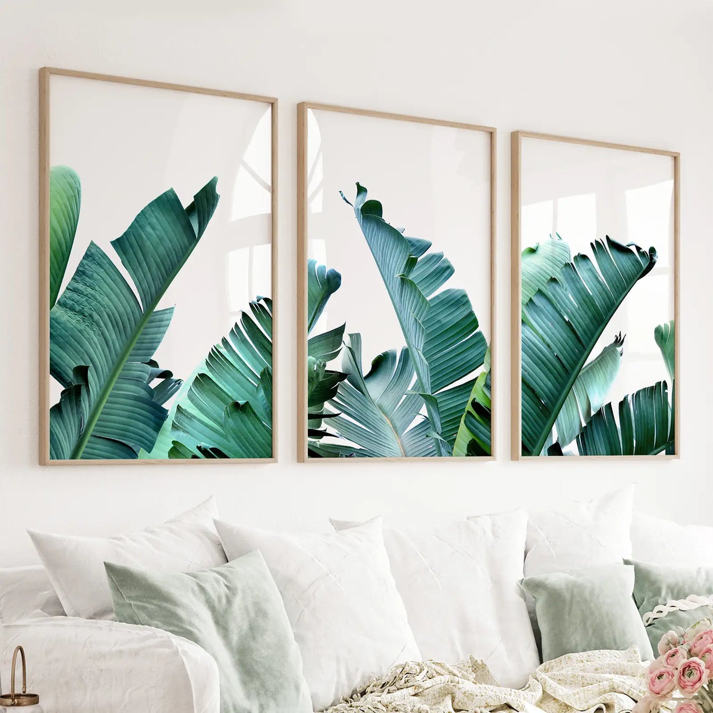 Three panel green banana leaf tropical prints