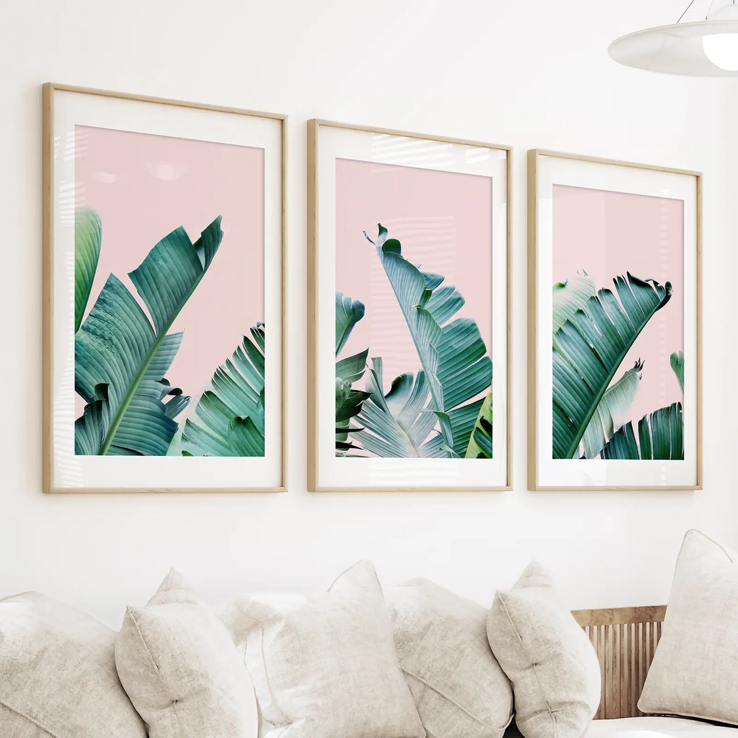 Banana Leaf Wall Art, Pink Tropical Triptych 3 Piece Set