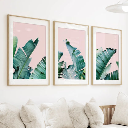 Banana Leaf Wall Art, Pink Tropical Triptych 3 Piece Set