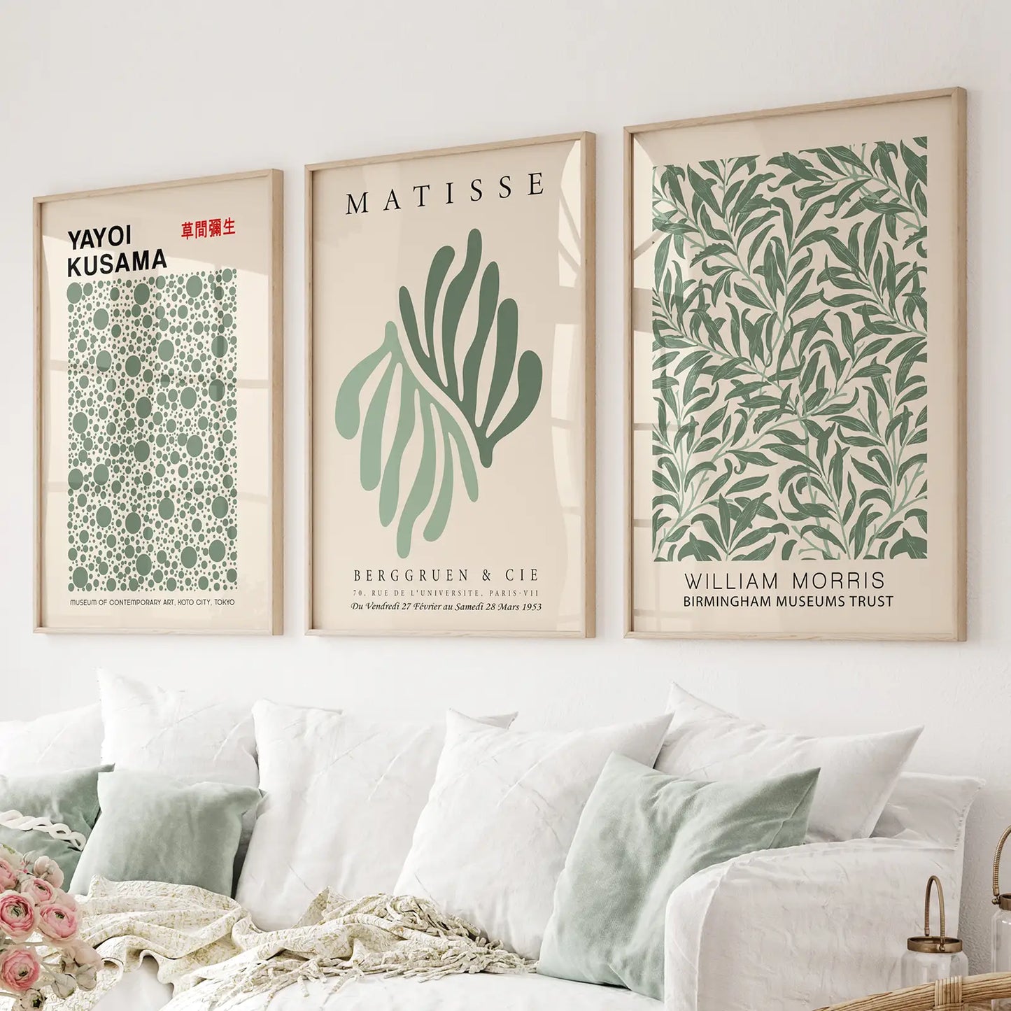 Sage green botanical wall art set of 3 vintage prints
