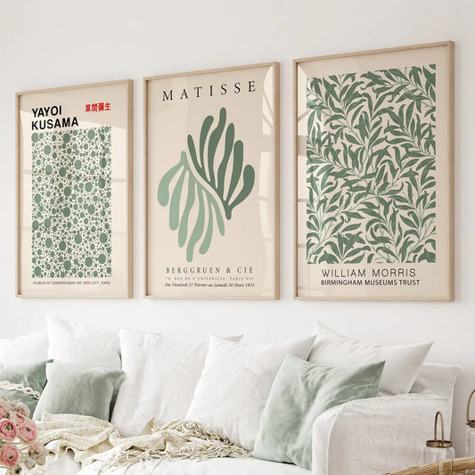 Sage green botanical wall art set of 3 vintage prints