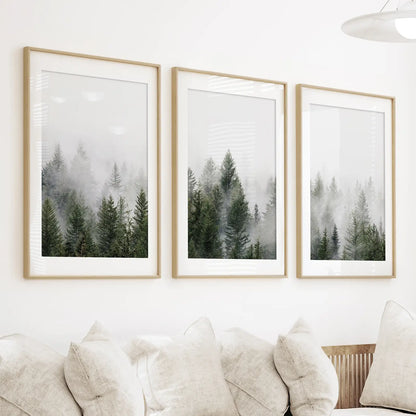 Pine Forest Wall Art Triptych. Foggy Nordic Trees