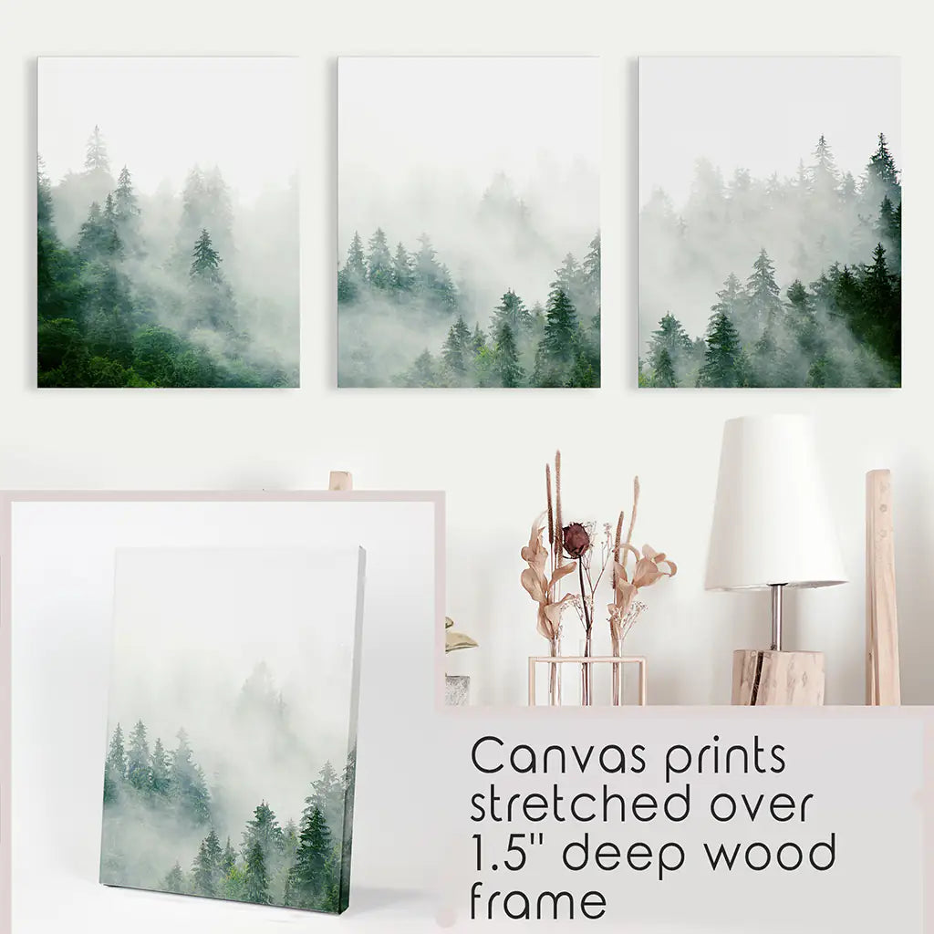 Evergreen Misty Forest Wall Art, Triptych 3 Piece Set