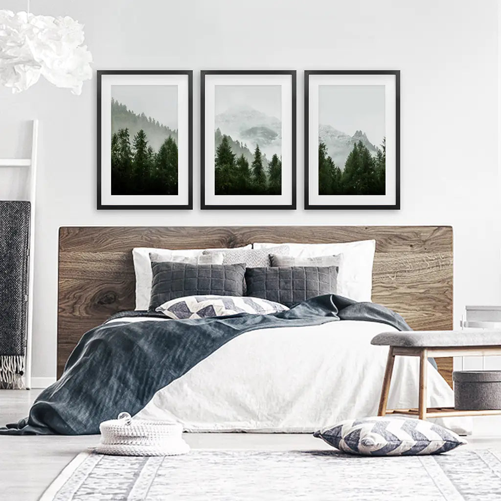 Foggy Forest Wall Art Set of 3. Green Mountain Trees