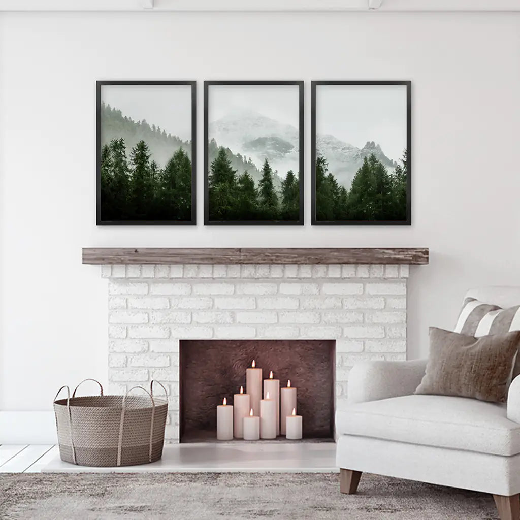 Foggy Forest Wall Art Set of 3. Green Mountain Trees