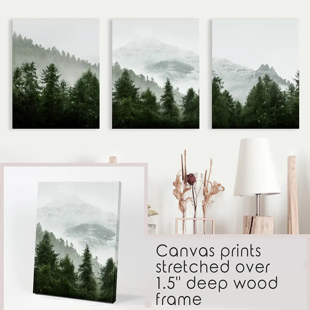 Foggy Forest Wall Art Set of 3. Green Mountain Trees