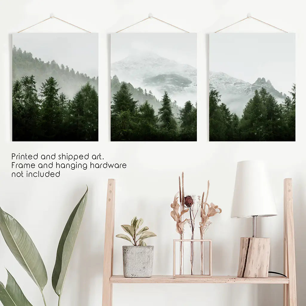 Foggy Forest Wall Art Set of 3. Green Mountain Trees