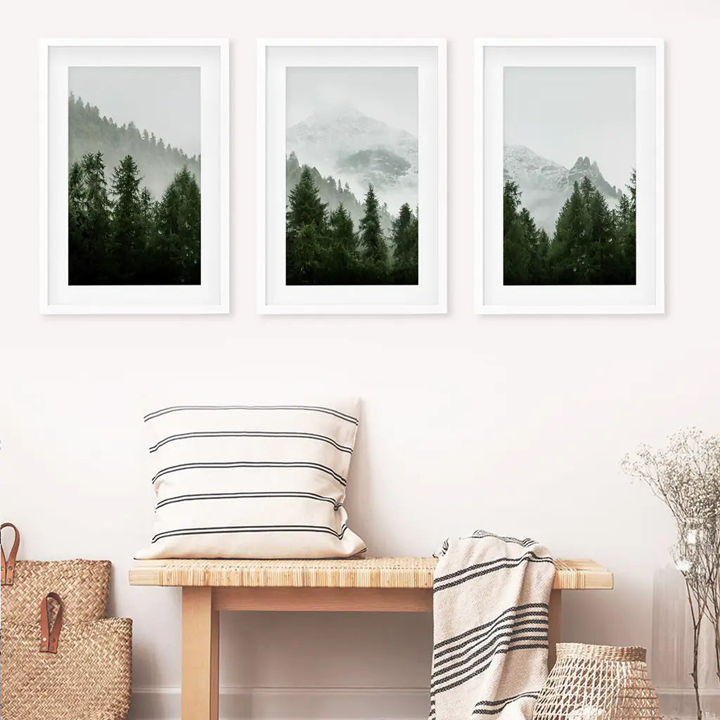 Foggy Forest Wall Art Set of 3. Green Mountain Trees