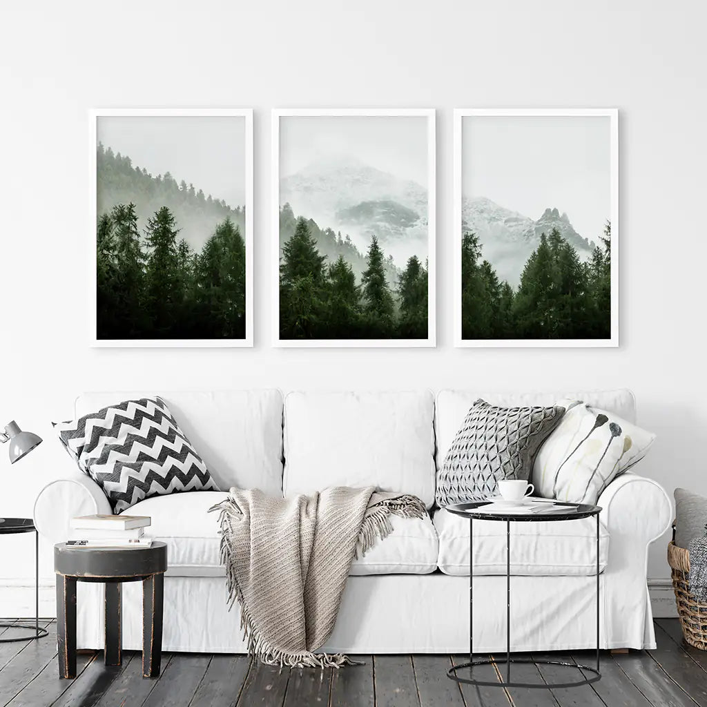 Foggy Forest Wall Art Set of 3. Green Mountain Trees