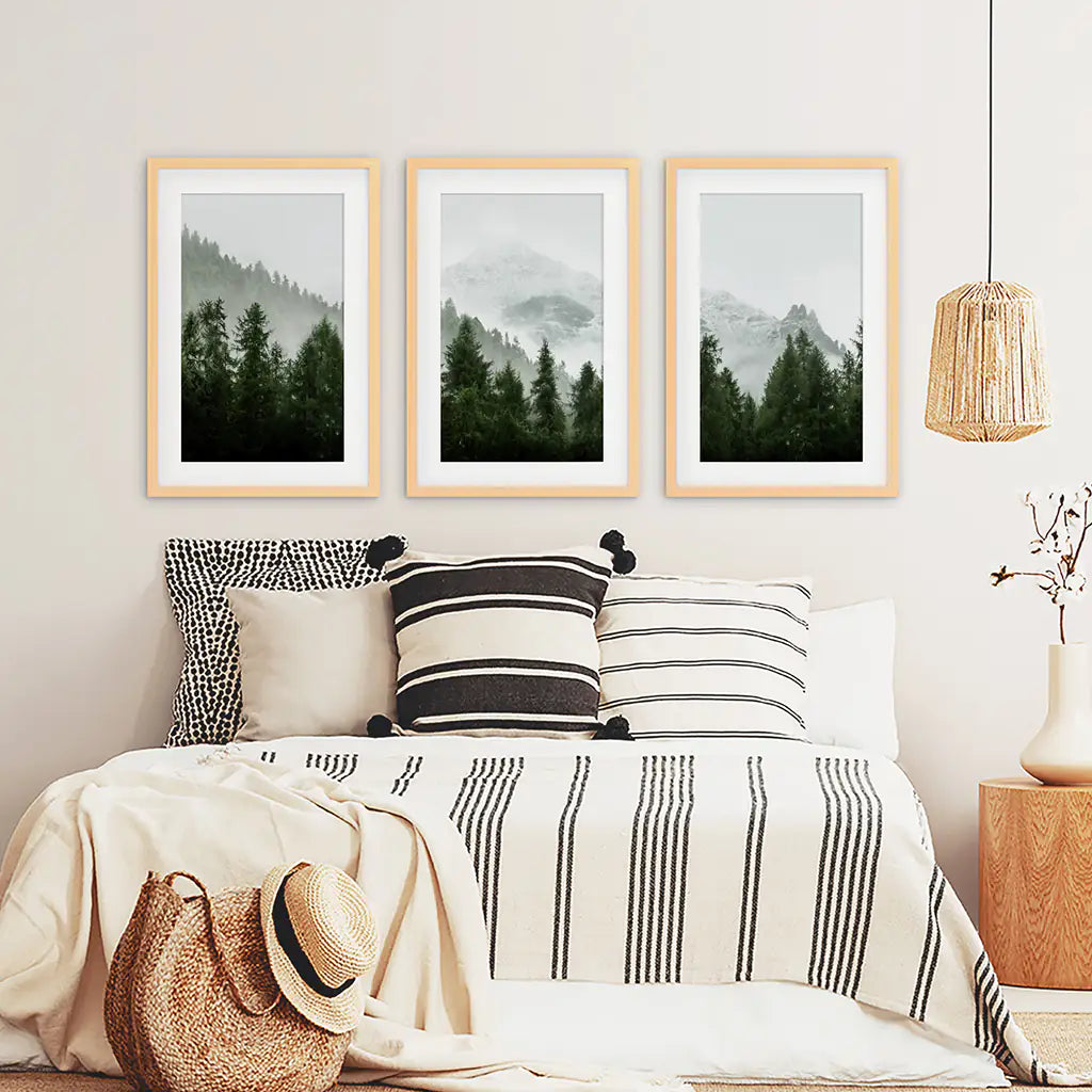 Foggy Forest Wall Art Set of 3. Green Mountain Trees