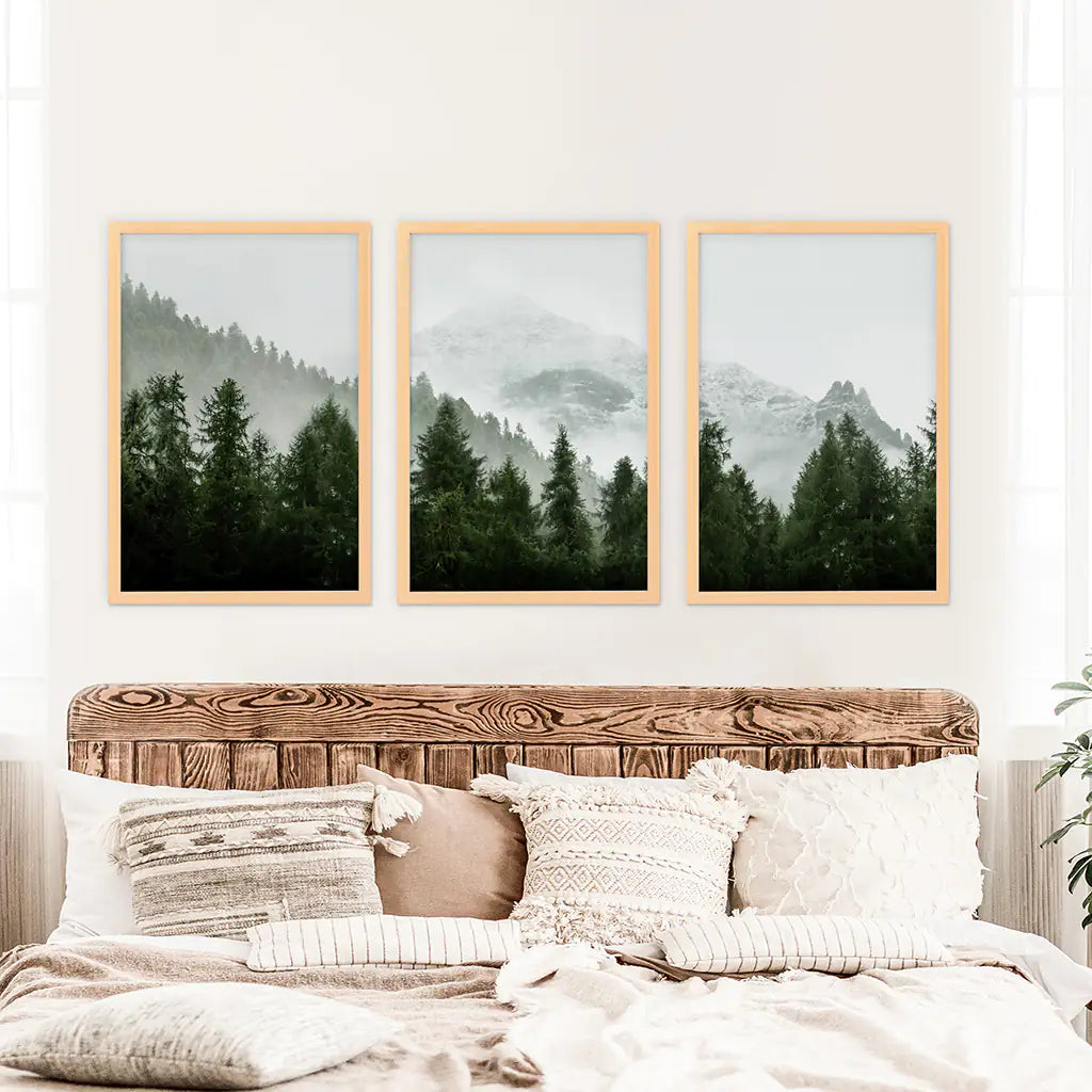 Foggy Forest Wall Art Set of 3. Green Mountain Trees