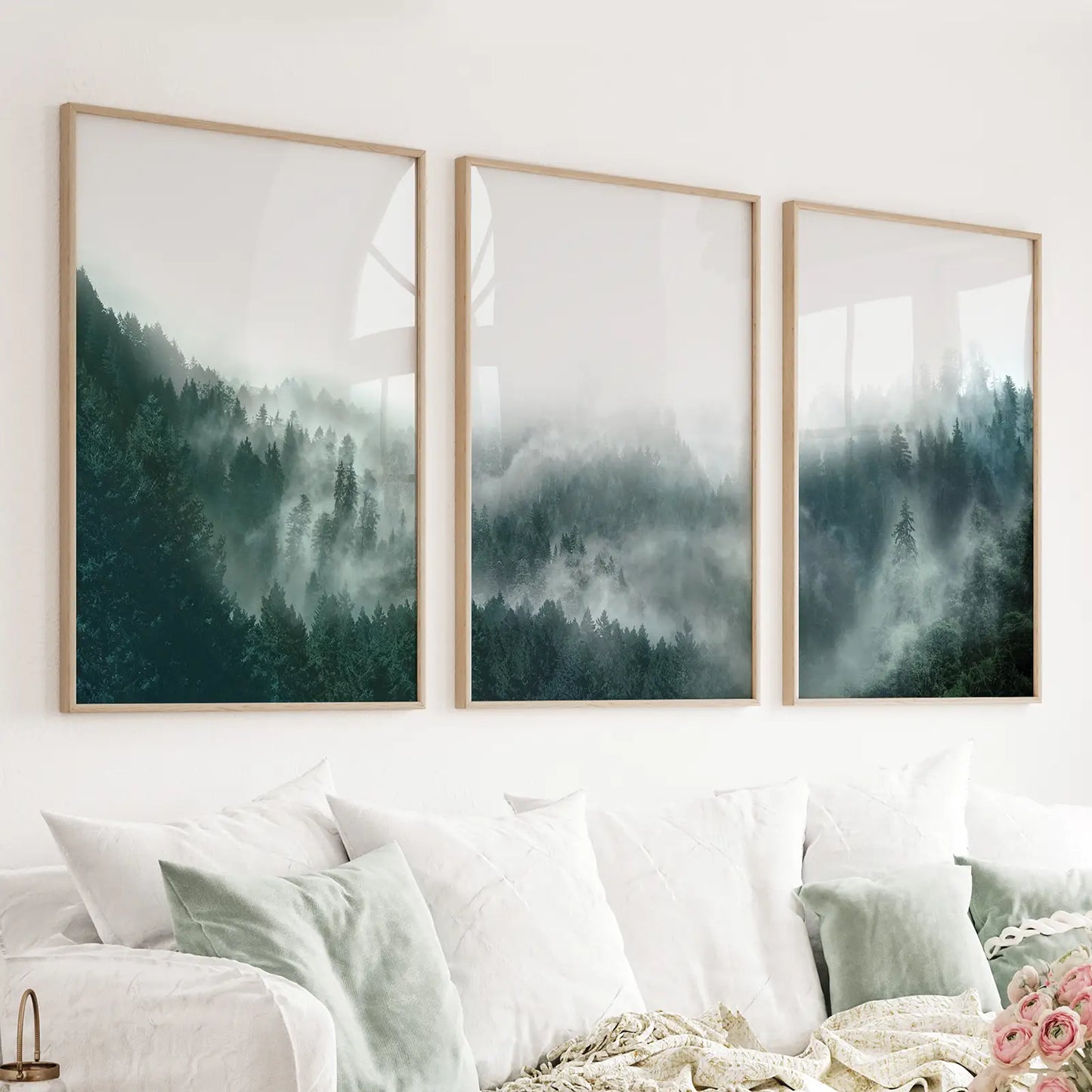Set of 3 moody misty Nordic forest prints in Scandinavian style