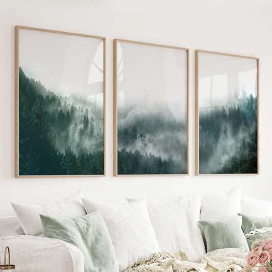 Set of 3 moody misty Nordic forest prints in Scandinavian style