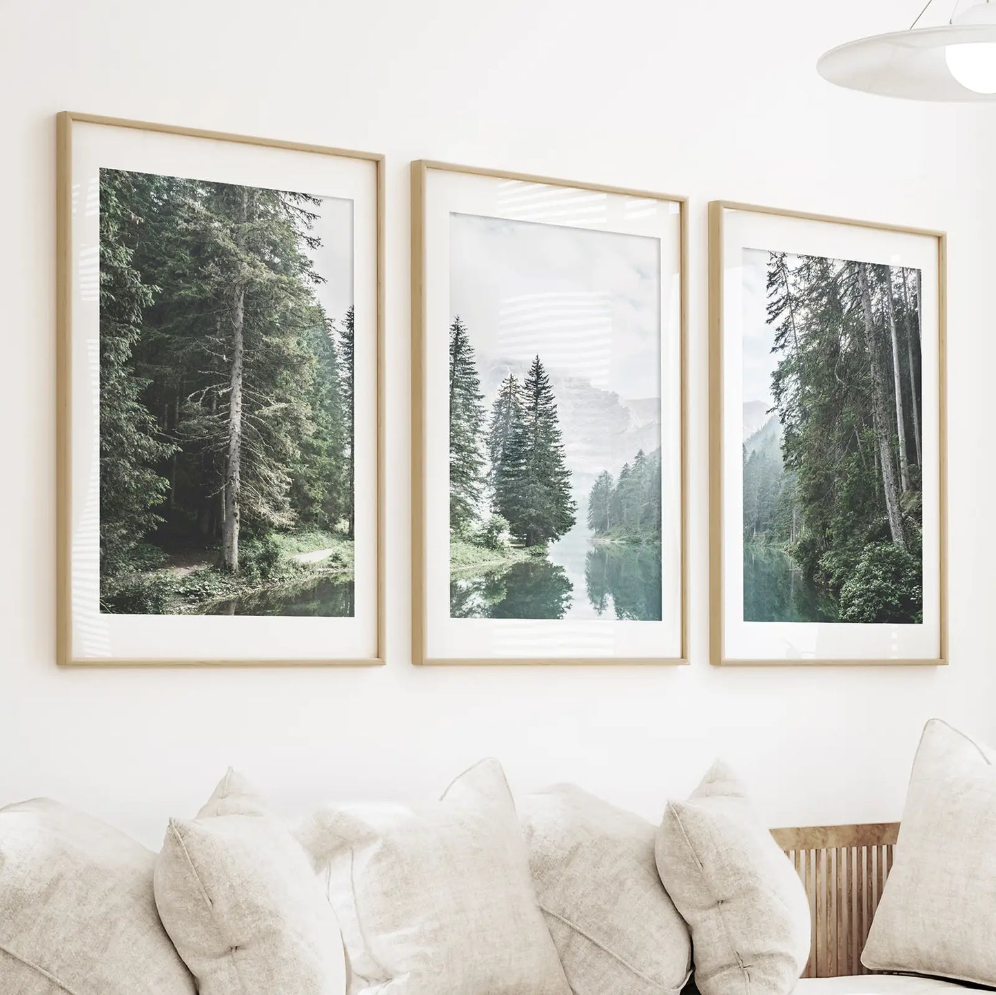 Green Forest River Wall Art, 3 Piece Mountain Print Set